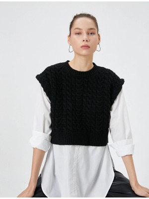 Koton Triko Süveter Detaylı Tunik Çift Kumaş Uzun Kollu Yuvarlak Yaka