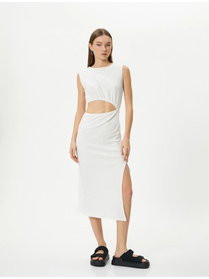 Koton Pencere Detaylı Midi Elbise Kolsuz Yuvarlak Yaka Yırtmaç Detaylı