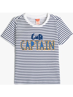 Koton Çizgili Tişört Kısa Kollu Bisiklet Yaka Aplikeli Pamuklu