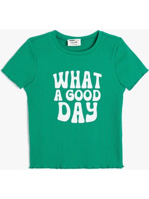 Koton Crop Tişört Kısa Kollu Baskılı Bisiklet Yaka Dokulu