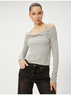 Koton Omzu Açık Tişört Uzun Kollu Fiyonk Detaylı Askı Detaylı Viskoz Kumaş