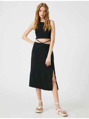 Koton Midi Elbise Pencere Detaylı Yırtmaçlı Halter Yaka