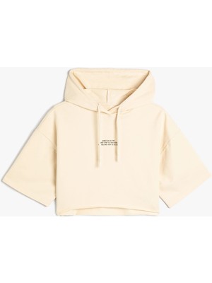 Koton Kapüşonlu Crop Sweatshirt Spor Kısa Kollu Baskı Detaylı Pamuklu