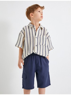 Koton Lacivert Keten Şort Beli Bağlamalı Erkek Çocuk Cep Detaylı Konforlu Tasarım