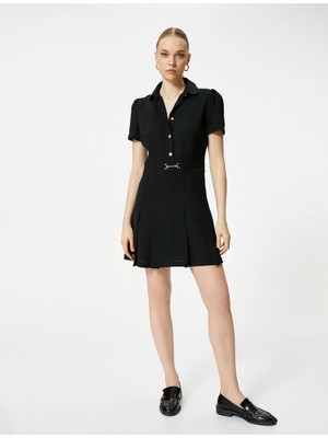 Koton Mini Gömlek Elbise Kısa Kollu Metal Kemerli Pileli