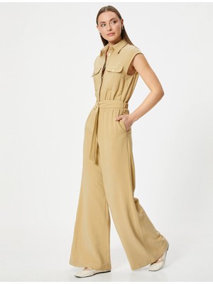 Koton Tulum Kemer Detaylı Kolsuz Gömlek Yaka Bol Paça Viskoz Kumaş Cepli