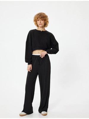 Koton Crop Sweatshirt Bisiklet Yaka Ribanalı Uzun Kollu Rahat Kalıp