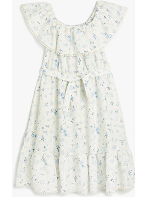 Koton Keten Elbise Kolsuz Fırfırlı Katlı Düşük Omuz