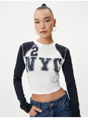 Koton Kolej Crop Tişört Renk Bloklu Uzun Kollu Bisiklet Yaka Pamuklu