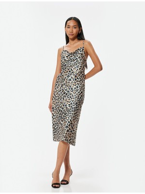 Koton Saten Elbise Midi Leopar Desenli Degaje Yaka Ip Askılı