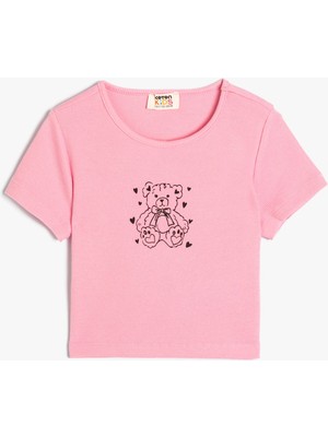 Koton Crop Tişört Ayıcık Baskılı Kısa Kollu Bisiklet Yaka Pamuklu