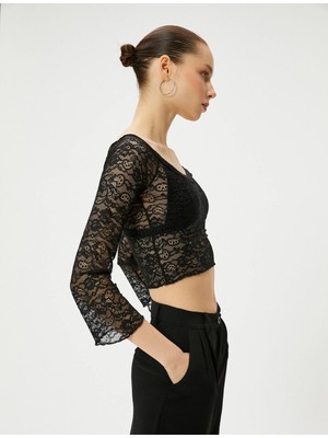 Koton Kısa Dantel Tişört Derin Yuvarlak Yaka Uzun Kollu