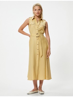 Koton Uzun Gömlek Elbise Kolsuz Kemerli Lyocell Karışımlı