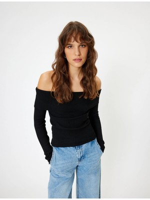 Koton Triko Omzu Açık Kazak Kat Detaylı Fitilli Uzun Kollu