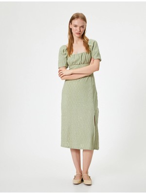 Koton Fisto Elbise Balon Kol Midi Kare Yaka Slim Fit Yırtmaç Detaylı