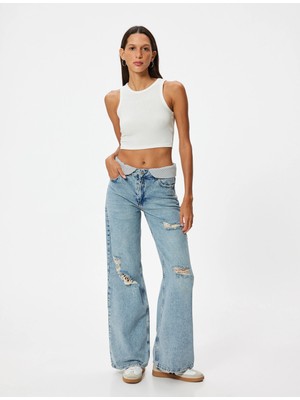 Koton Geniş Paça Yırtık Kot Pantolon Standart Bel Düğmeli - Bianca Wide Leg Jeans