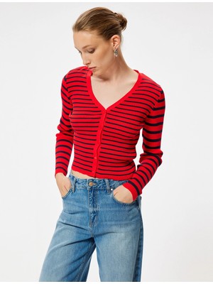 Koton V Yaka Triko Hırka Fitilli Uzun Kollu Düğmeli