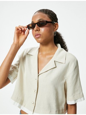 Koton Crop Gömlek Oversize Düğmeli Kısa Kollu Devrik Yaka Keten Karışımlı