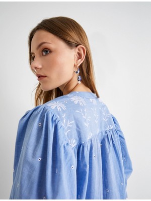 Koton Balon Kol Gömlek Çiçek Nakışlı Hakim Yaka Pamuklu Fistolu