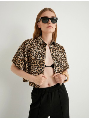 Koton Crop Leopar Gömlek Oversize Kısa Kollu Cepli