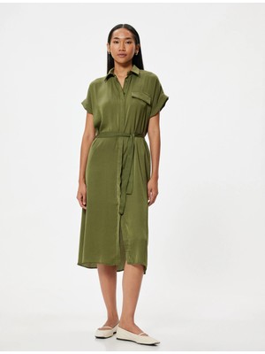 Koton Aerobin Saten Midi Boy Gömlek Elbise Kısa Kollu Kemerli Kloş Etek