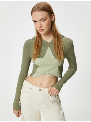 Koton Kapşonlu Crop Bluz Uzun Kollu Asimetrik Kesim Renk Bloklu Yıldız Aplike Detaylı