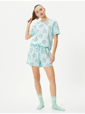 Koton Şortlu Pijama Takımı Kısa Kollu Bisiklet Yaka Baskılı