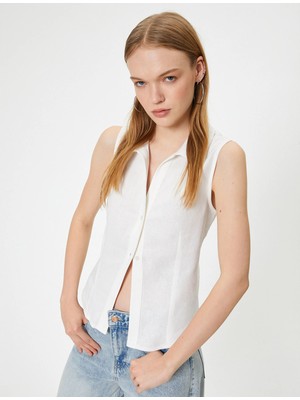 Koton Keten Karışımlı Gömlek Crop Kolsuz Klasik Yaka Slim Fit