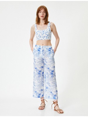 Koton Çiçekli Culotte Pantolon Bol Paça Cepli Normal Bel