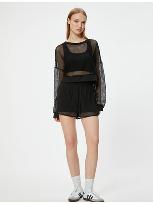 Koton Spor Taytlı Tül Şort Beli Lastikli Yüksek Bel Slim Fit