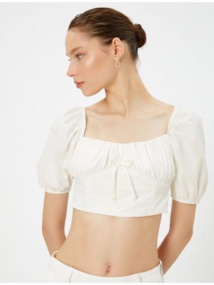 Koton Balon Kol Crop Bluz Önü Büzgülü Bağlamalı Kare Yaka Pamuklu