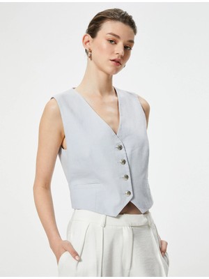 Koton Keten Karışımlı Blazer Yelek V Yaka Düğmeli Fleto Cepli