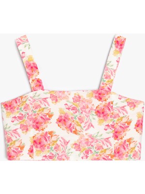 Koton Çiçekli Crop Bluz Askılı Kare Yaka Viskon Kumaş