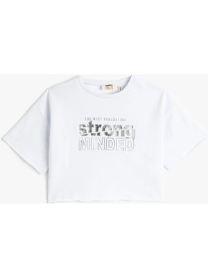 Koton Kız Çocuk Crop Oversize Tişört Kısa Kollu Pamuklu Günlük Beyaz Desenli