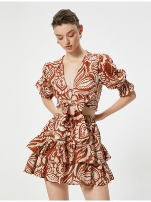 Koton Mini Fırfırlı Etek Keten Karışımlı Çiçekli Katlı