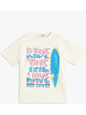 Koton Oversize Tişört Sörf Baskılı Kısa Kollu Bisiklet Yaka Pamuklu