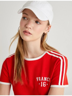 Koton Vintage Forma Tişört Çizgili Arkası Rakam Baskılı Kısa Kollu Bisiklet Yaka