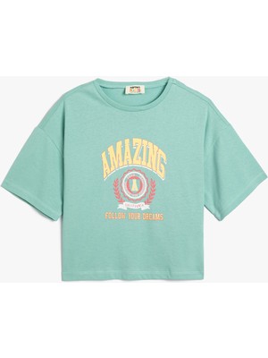 Koton Crop T-Shirt Kısa Kollu Bisiklet Yaka Slogan Baskılı Pamuklu