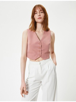 Koton Crop Yelek V Yaka Düğmeli Fleto Cepli Modal Karışımlı