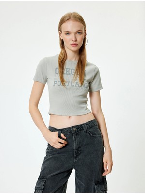 Koton Crop Tişört Slogan Baskılı Bisiklet Yaka Kısa Kollu Pamuklu