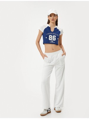 Koton Kolej Crop T-Shirt V Yaka Renk Bloklu Pamuklu Slim Fit