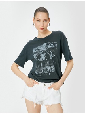 Koton Yıpratılmış Baskılı Tişört Baskılı Soluk Efektli Kısa Kollu Bisiklet Yaka