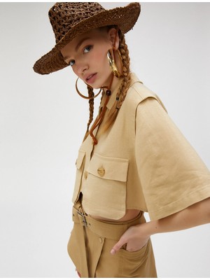 Koton Crop Gömlek Keten Karışımlı Kargo Cepli Kısa Kollu