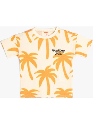Koton T-Shirt Kısa Kollu Palmiye Baskılı Bisiklet Yaka Dokulu Pamuklu