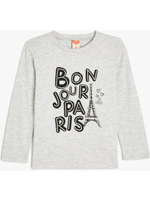 Koton Tişört Slogan Baskılı Uzun Kollu Bisiklet Yaka Pamuklu