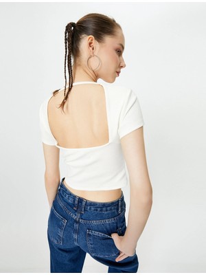 Koton Sırt Dekolteli Tişört Crop Kısa Kollu Fitilli Slim Fit