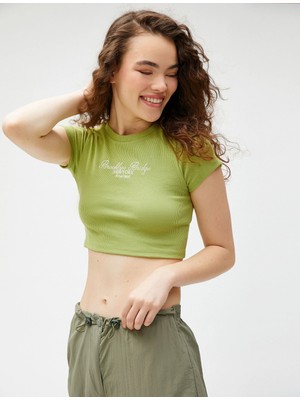 Koton Crop Tişört Nakışlı Bisiklet Yaka Kısa Kollu Fitilli