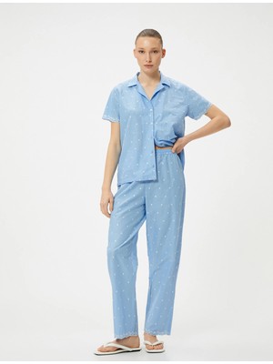 Koton Düğmeli Pijama Üstü Nakışlı Gömlek Yaka Kısa Kollu