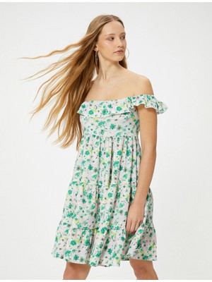 Koton Çiçekli Madonna Yaka Elbise Midi Boy Katlı Rahat Kalıp