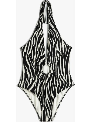 Koton Halter Yaka Mayo Zebra Desenli Derin V Yaka Pencere Detaylı